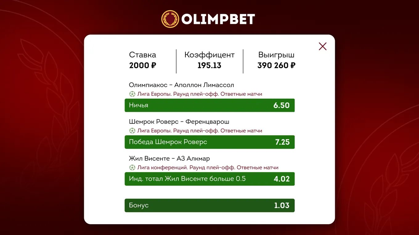 Клиент Olimpbet выиграл почти 400 тысяч рублей на матчах Лиги Европы и Лиги конференций