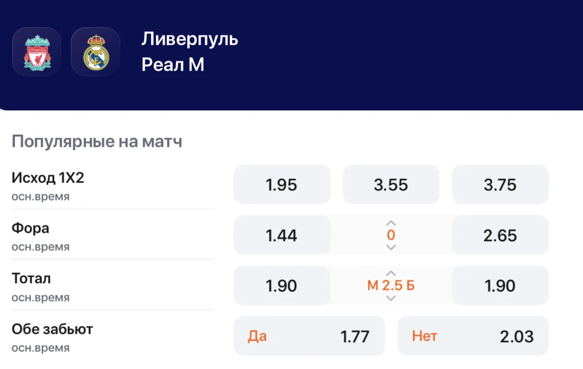 Коэффициенты на матч «Ливерпуль» – «Реал»