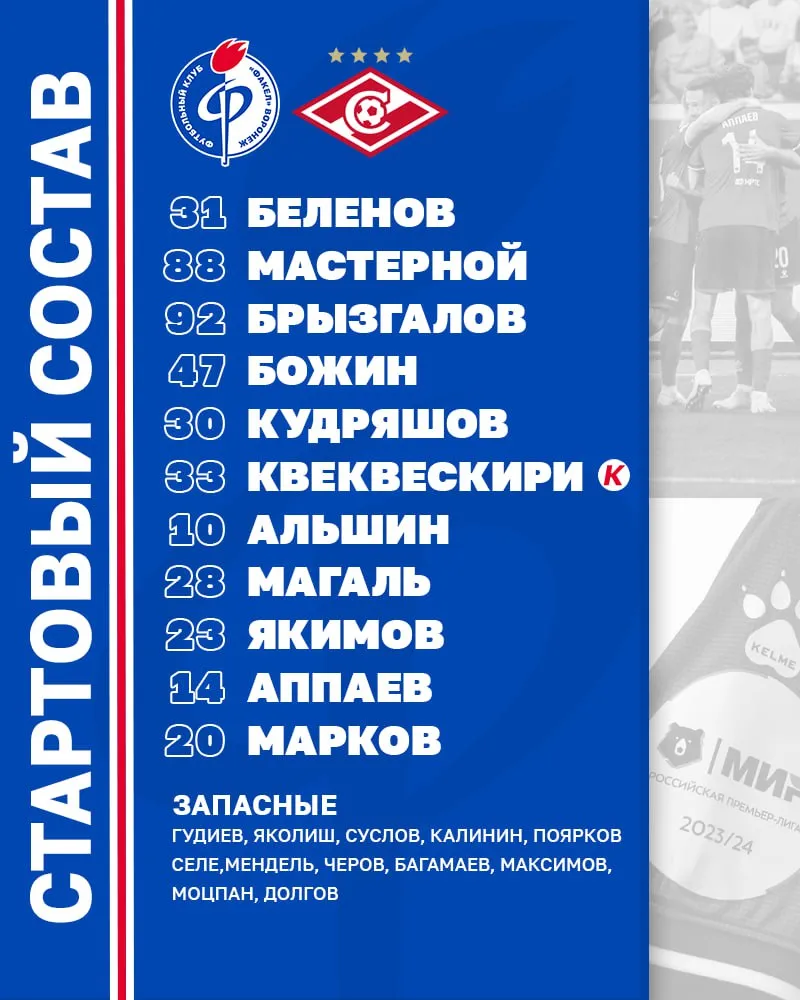 Состав «Факела» на матч со «Спартаком»
