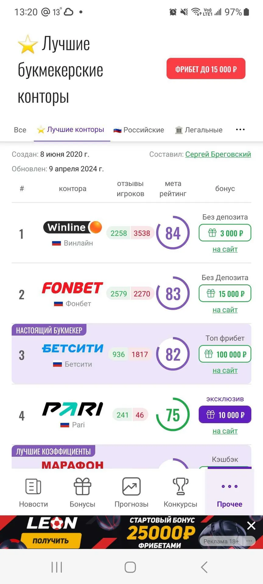 Рейтинг лучших легальных букмекеров России в приложении Metaratings для Android