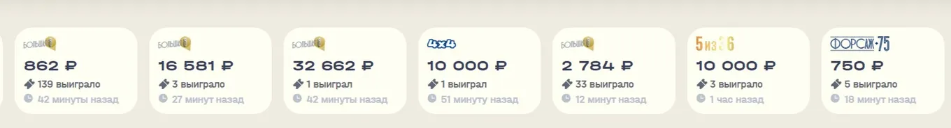 Лента выигрышей на nloto.ru