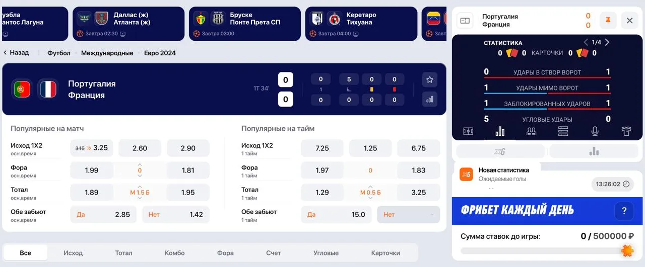 Коэффициенты БК «Винлайн» на матч Португалии и Франции