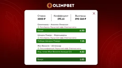 Клиент Olimpbet выиграл почти 400 тысяч рублей на матчах Лиги Европы и Лиги конференций