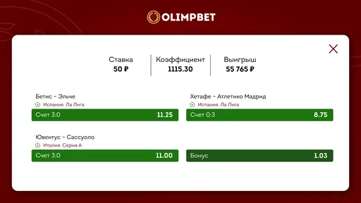 Клиент букмекерской компании Olimpbet выиграл больше 55 тысяч рублей, поставив на коэффициент 1115,30
