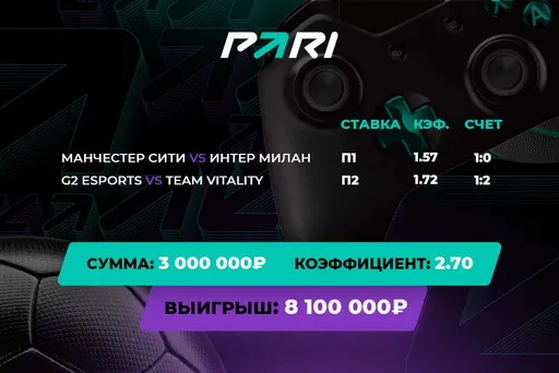 Победа «Ман Сити» в финале Лиги чемпионов сделала клиента PARI богаче на 5 000 000 рублей
