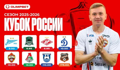 OLIMPBET: «Зенит» — фаворит Кубка России-2025/26, «Спартак» и «Краснодар» — в топ-3