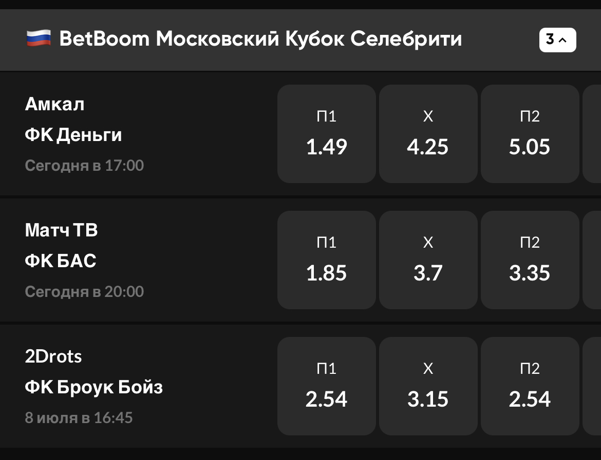 Букмекеры открыли линию на BetBoom Московский Кубок Селебрити