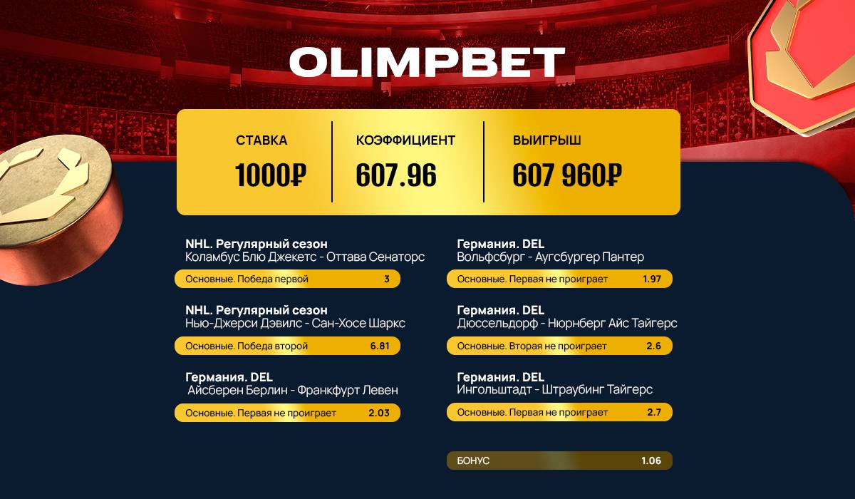Клиент OLIMPBET выиграл 600 тысяч на хоккейном экспрессе