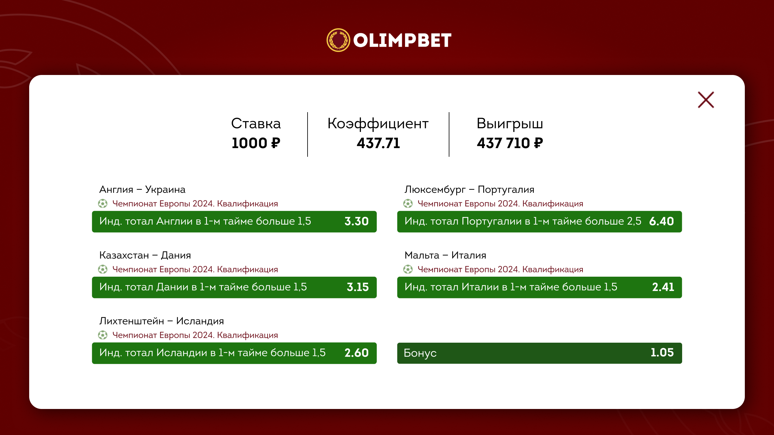 Экспресс из ставок на голы в первом тайме принес клиенту Olimpbet  полмиллиона рублей