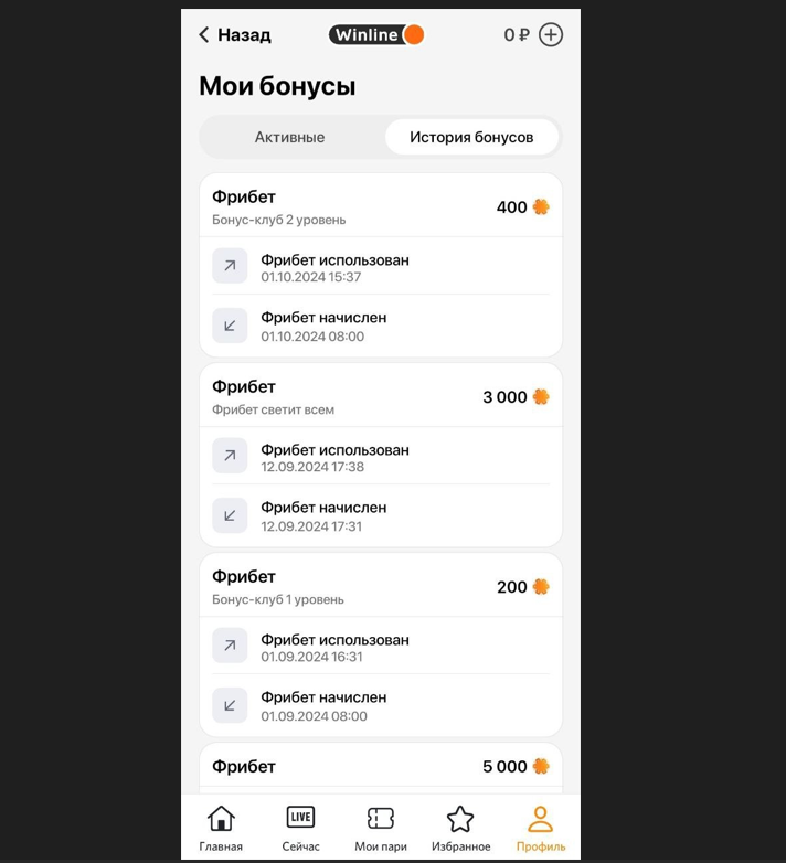 Отображение бонусов в кабинете пользователя БК «Винлайн»